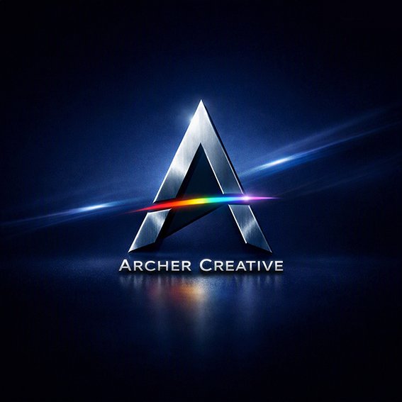 Archer Creative logo: metallic triangular 'A' with a rainbow light arc and the text Archer Creative beneath, on a dark blue background.