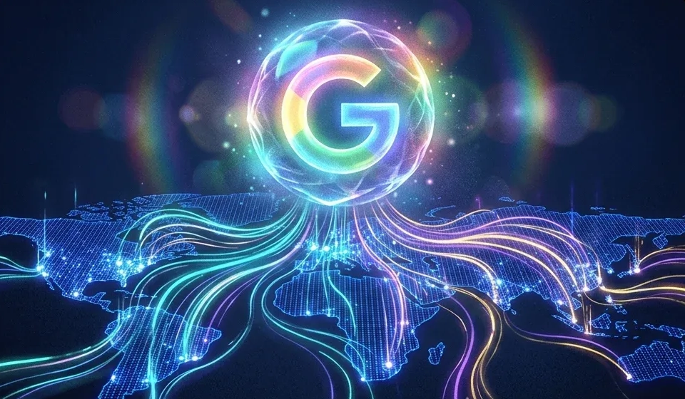Glowing Google orb above a neon connected world map, symbolizing global search and tech connectivity