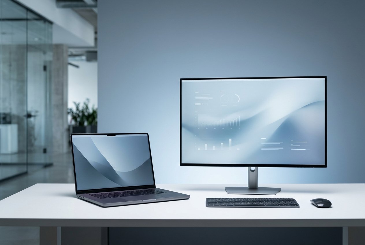Feature Image Description Studio Lighting Corporate Cle - Archer Creative Laptop and a large external monitor on a white desk in a modern office, with keyboard and mouse.