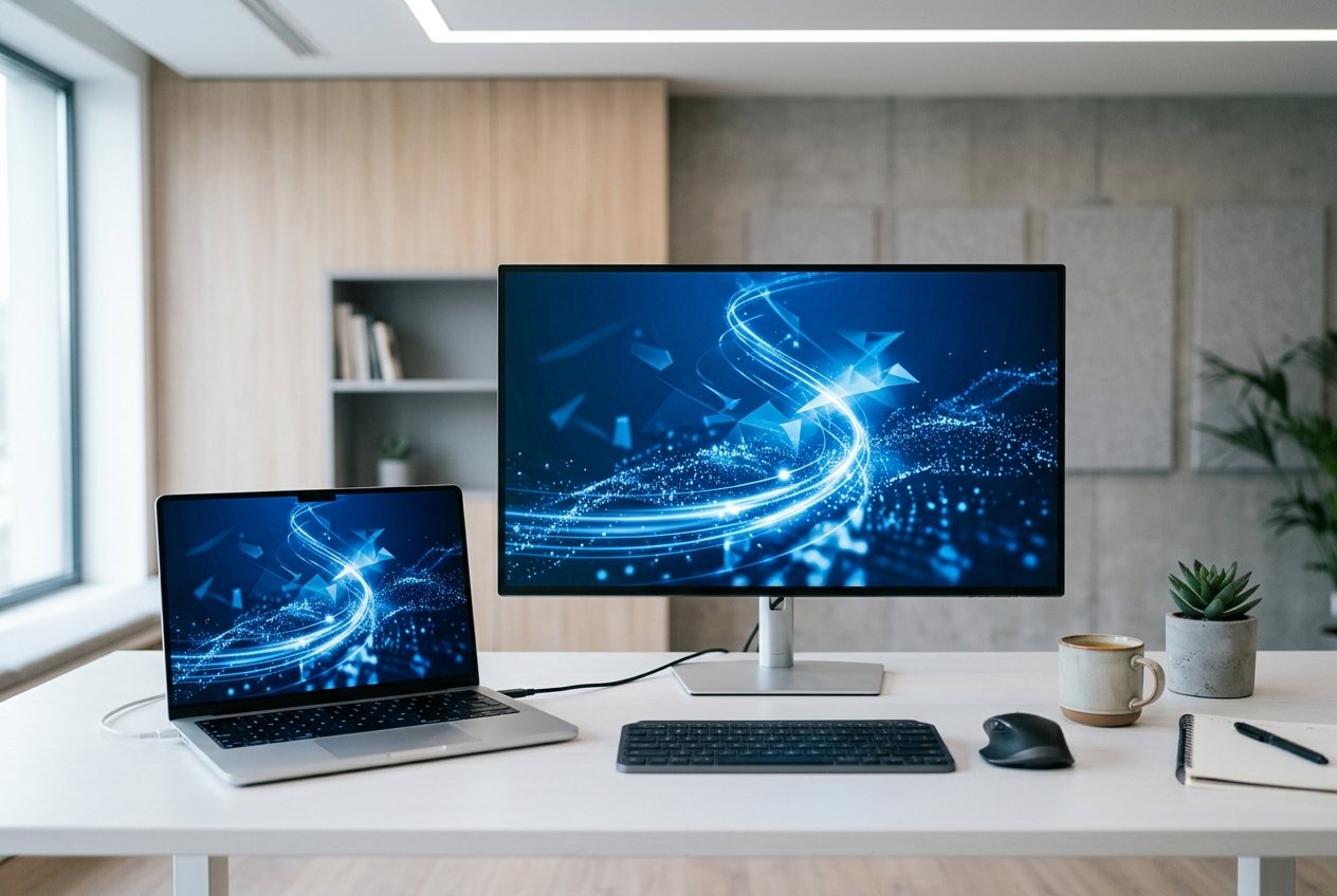 Studiolit modern workspace featuring an unbranded laptop - Archer Creative Desk with laptop and a large monitor showing a blue abstract digital swirl.