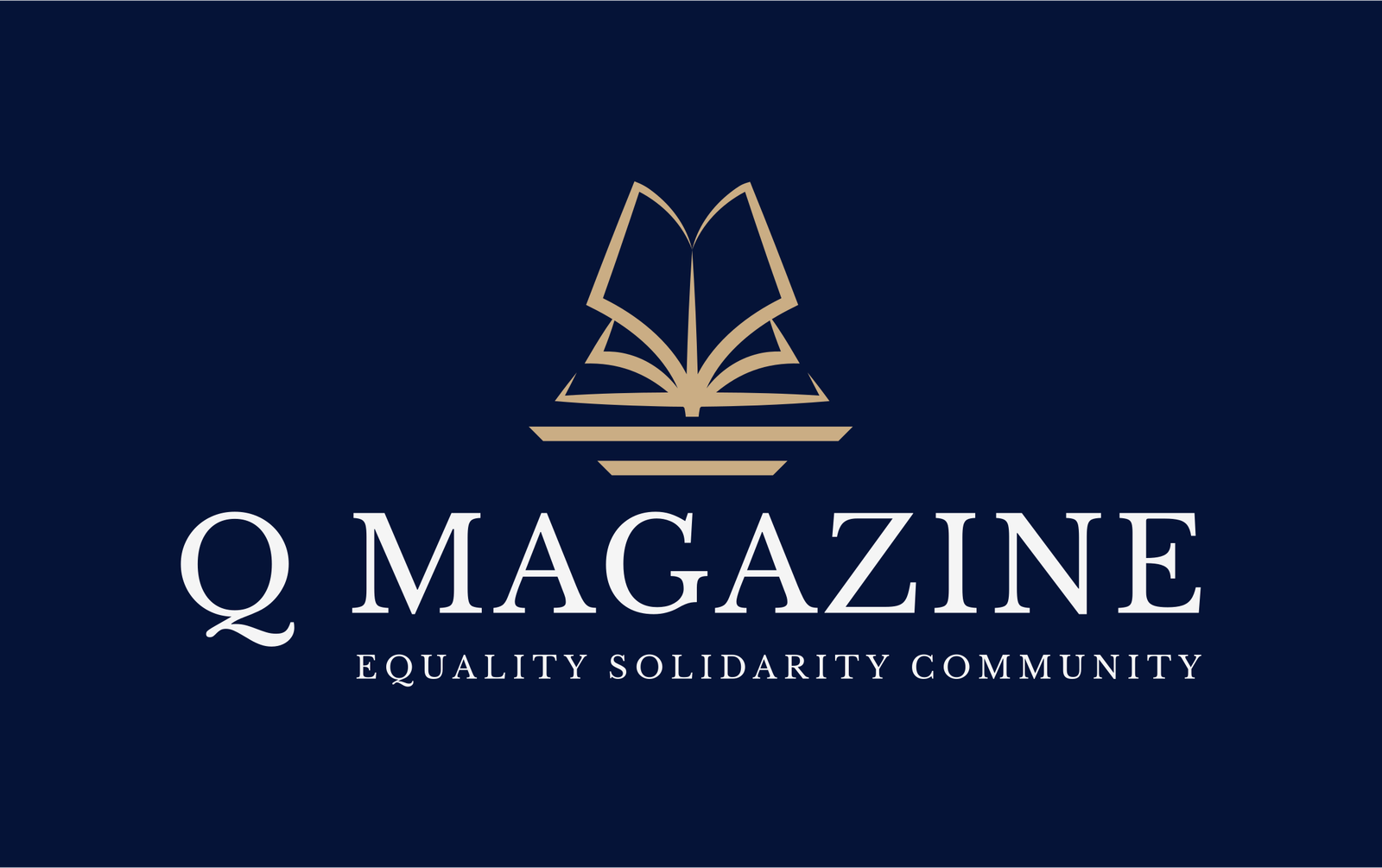 Original Logo - Archer Creative Q Magazine logo: gold-colored open-book icon on a dark navy background with the words 'Q MAGAZINE' and the motto 'Equality Solidarity Community'.