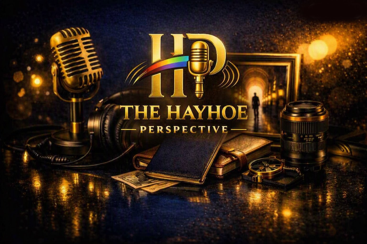 Golden microphone centerpiece for The Hayhoe Perspective podcast, with headphones, a camera lens, notebook, and money on a reflective surface.