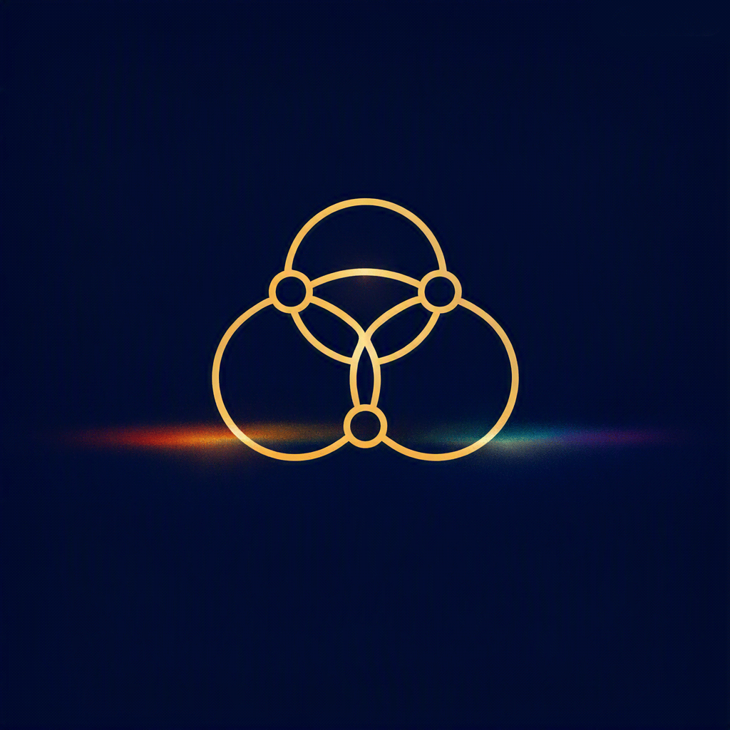 Logo of three interlocking gold circles forming a triangular knot on a dark blue background.