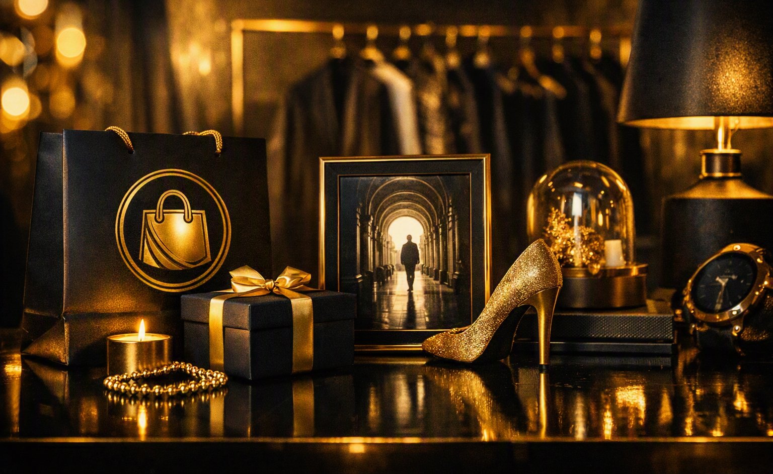 Black and gold luxury display: shopping bag, two gift boxes, candle, bracelet, framed photo of a person walking through an arched hallway, glittery gold high heel, glass dome with gold decor, and a gold watch on a reflective surface.