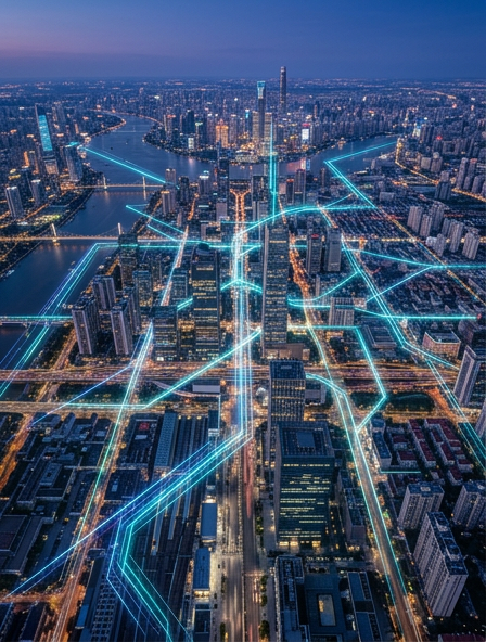 A sprawling city at dusk with glowing blue network lines connecting skyscrapers, symbolizing smart city connectivity.